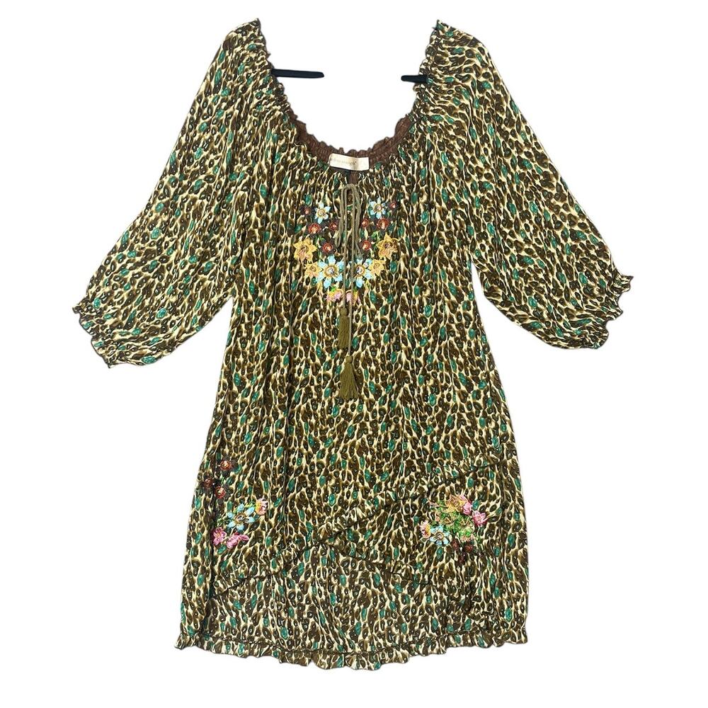 Urban Mango Floral Embroidered‎ Cheetah Print Asymmetrical Dress SZ Large Boho